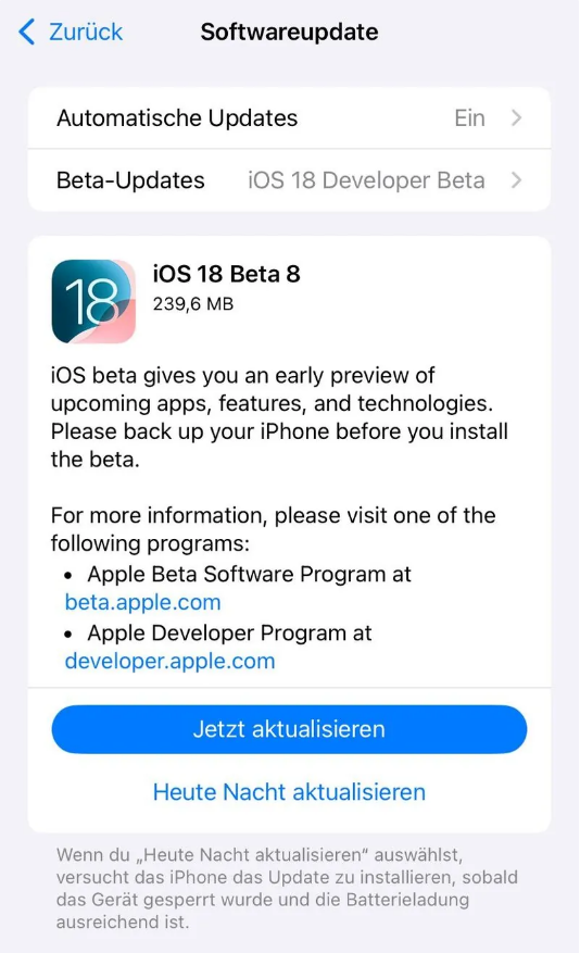 突泉苹果手机维修分享苹果 iOS / iPadOS 18 开发者预览版 Beta 8 发布 